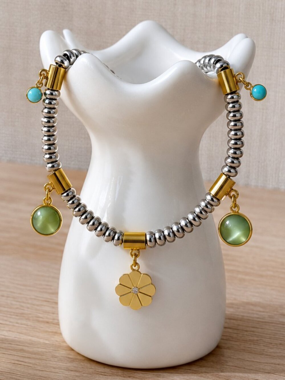18k Gold Plated 316L SS Two Tone Beaded Charm Bracelet Flower CZ Green Adj 6.5-9